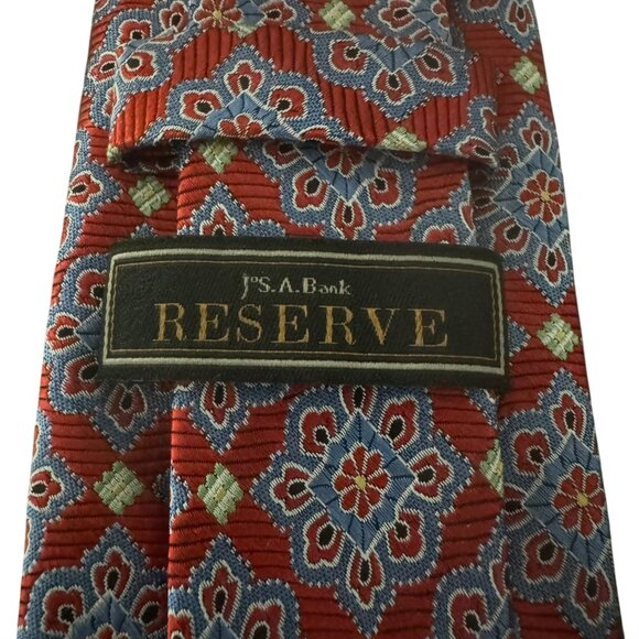 Jos A Bank Reserve Mens 100% Silk Floral Medallion Necktie Red Blue - Picture 3 of 7